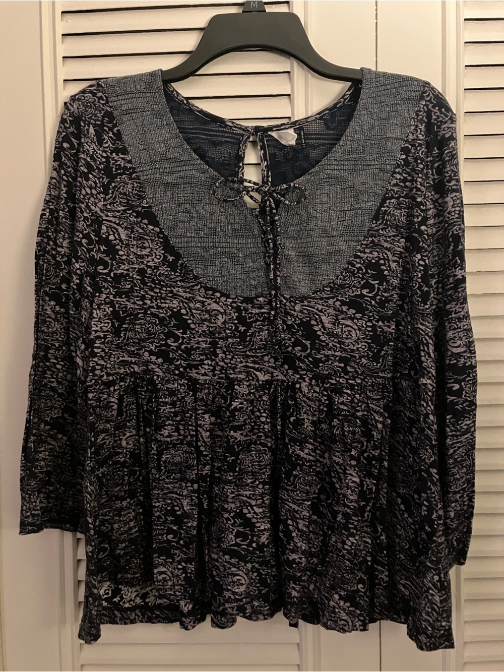 Boho Tie-Neck Paisley Peasant Top - Navy
